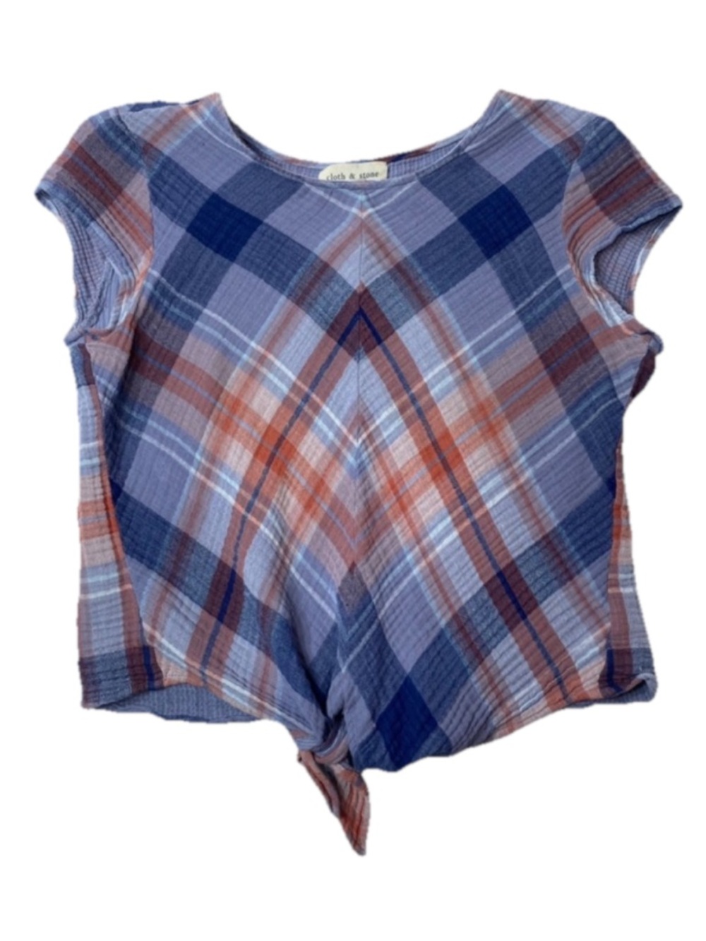 Cloth & Stone Blue & Orange Plaid Tie-Front Short Sleeve Shirt Cotton Size XS
